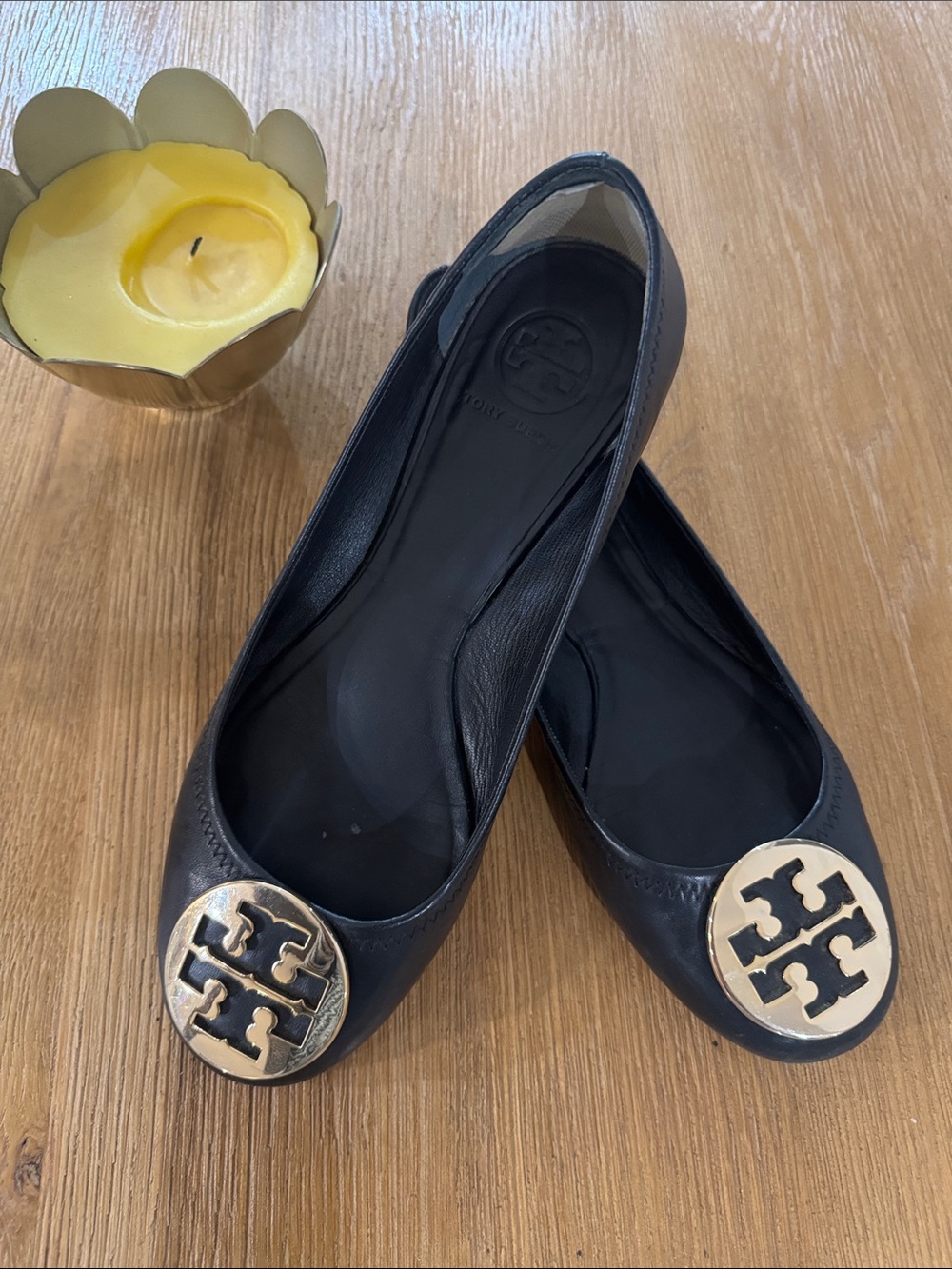 Tory Burch Black Leather Ballet Flats with Gold Logo Medallions Size 9